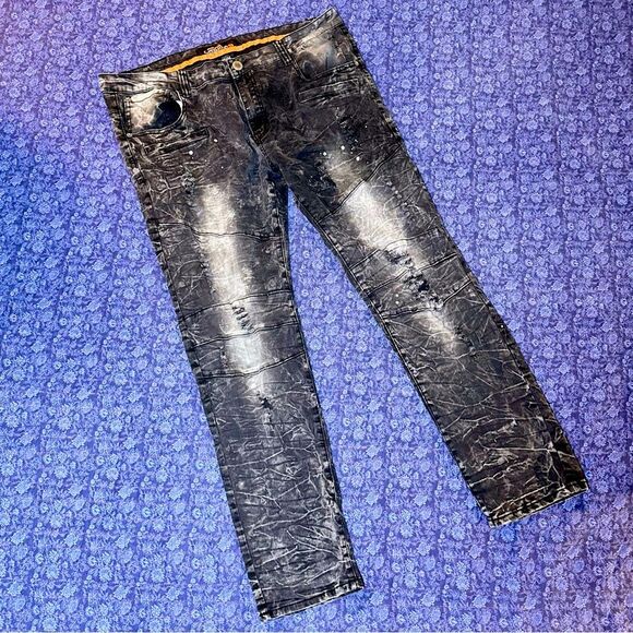 Copper Rivet Black Sand Tint Ripped Splattered Paint Denim Sz 40/32 - Picture 1 of 4